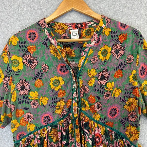 Akemi + Kin Floral Anthropologie Tunic Blouse‎ Green Yellow Floral Bloom Medium - Picture 4 of 13